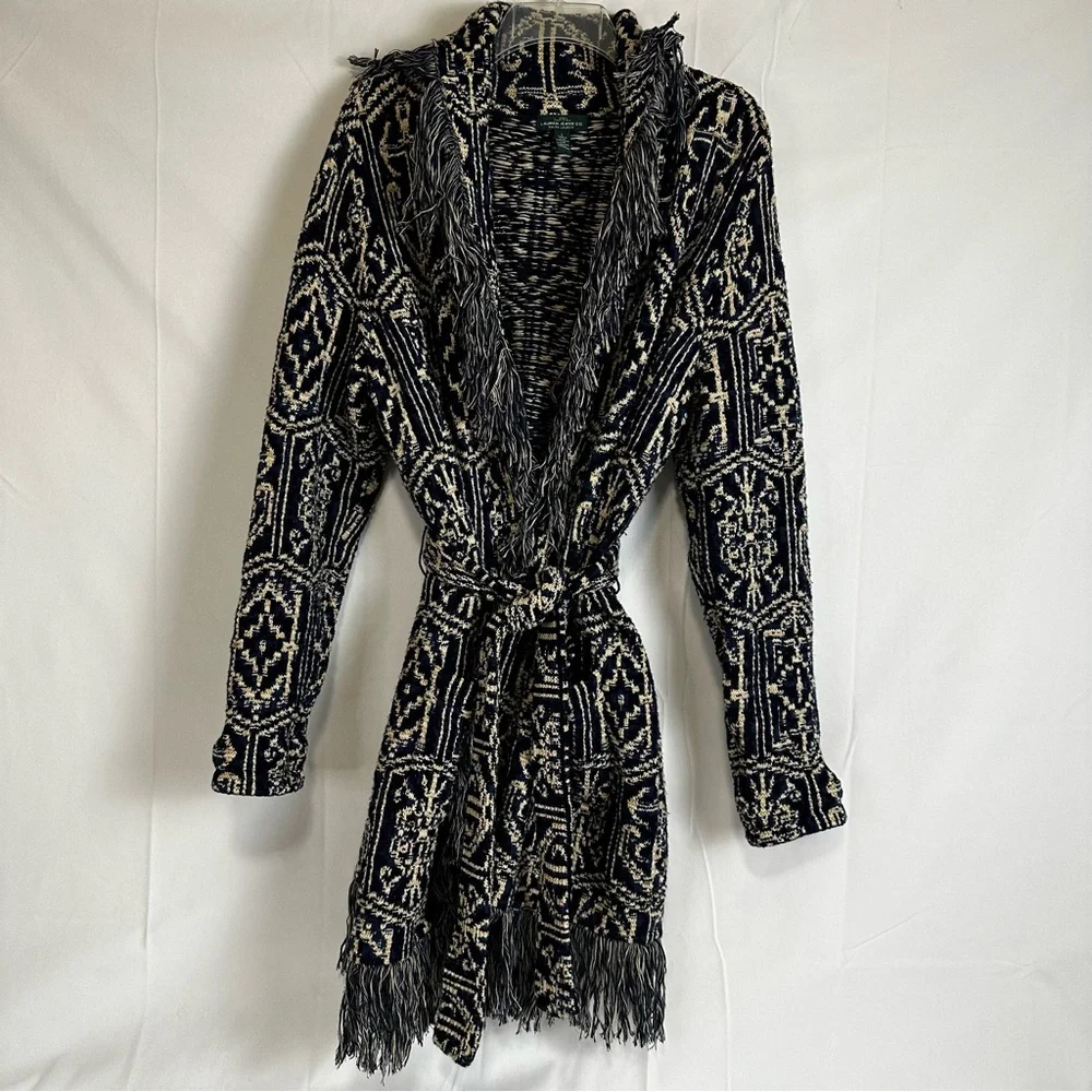 Ralph Lauren Women's Jacquard Nautical Blue Fringe Cardigan/Jacket- Size Large - Picture 7 of 13